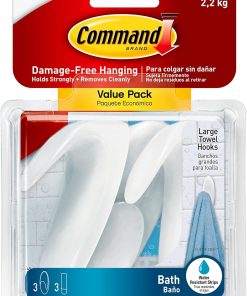 Command Bath Large Towel Hook Value Pack. Clear Frosted. 3-Large Hooks. 3-Water-Resistant Strips. Organize Damage-Free